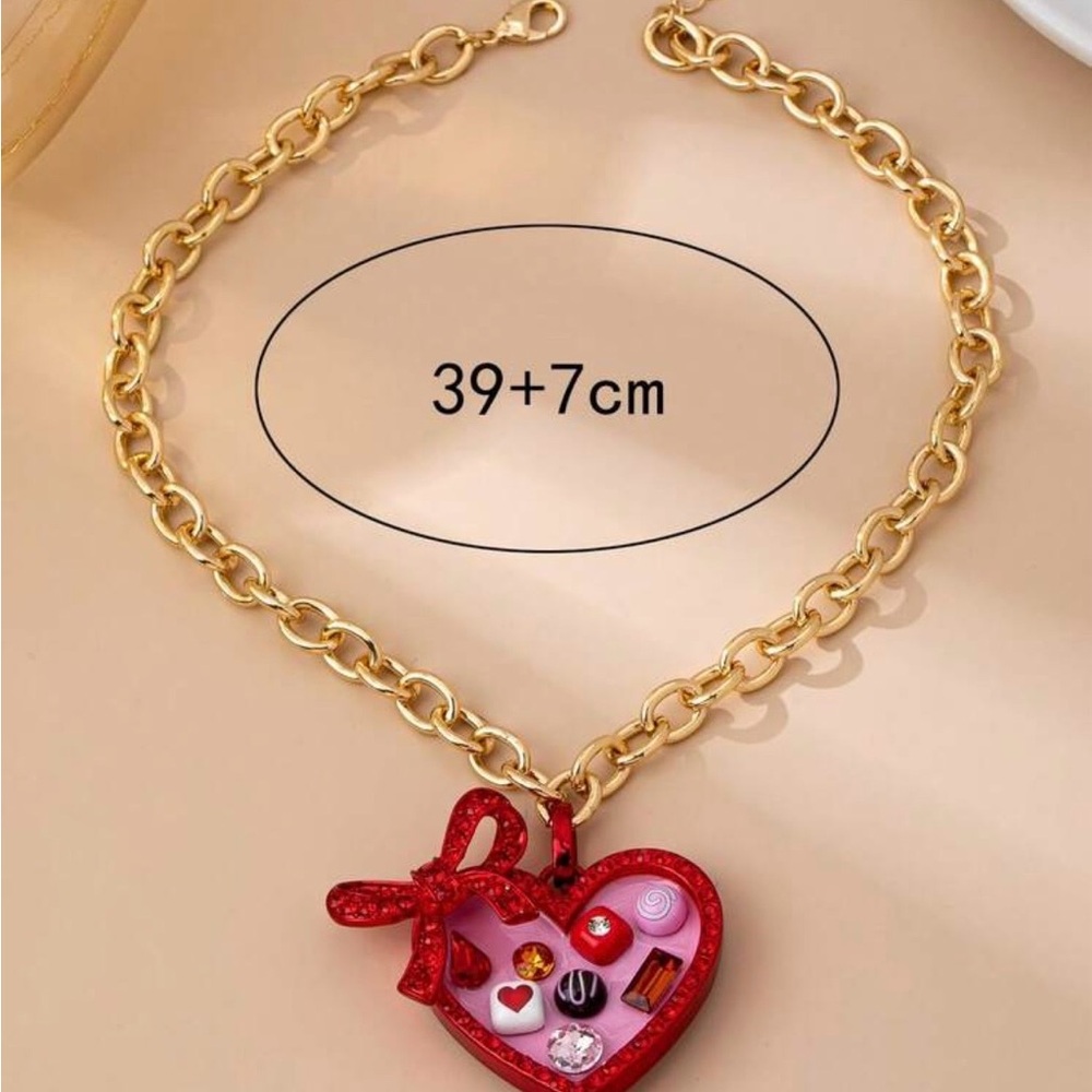 Red Heart Chocolate Box Charm Pendant Necklace Gold Chain Red Bow Rhinestones - Picture 4 of 6